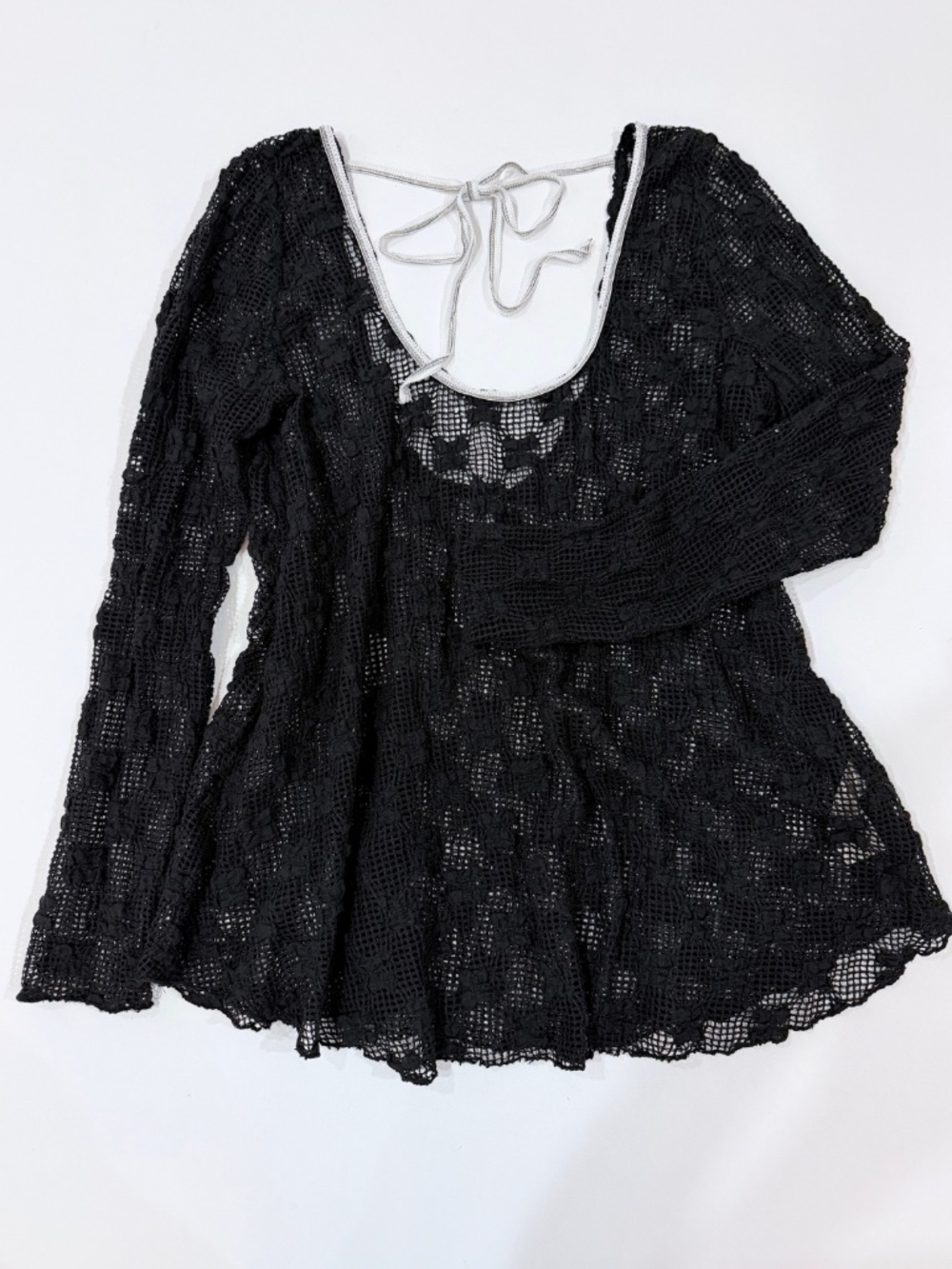 Free People Grady Lace Top Black Sheer Knit Tunic Top Medium Whimsigoth Witchy